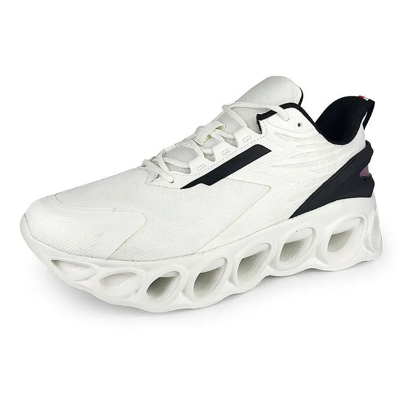 Men's black breathable mesh casual sports trainers with lace-up front and white EVA sole.