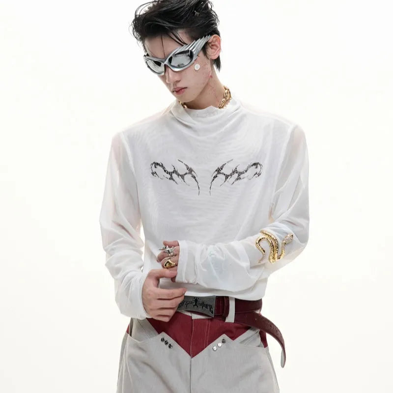 Men's black mesh slim-fit long-sleeved bottoming shirt on a hanger.