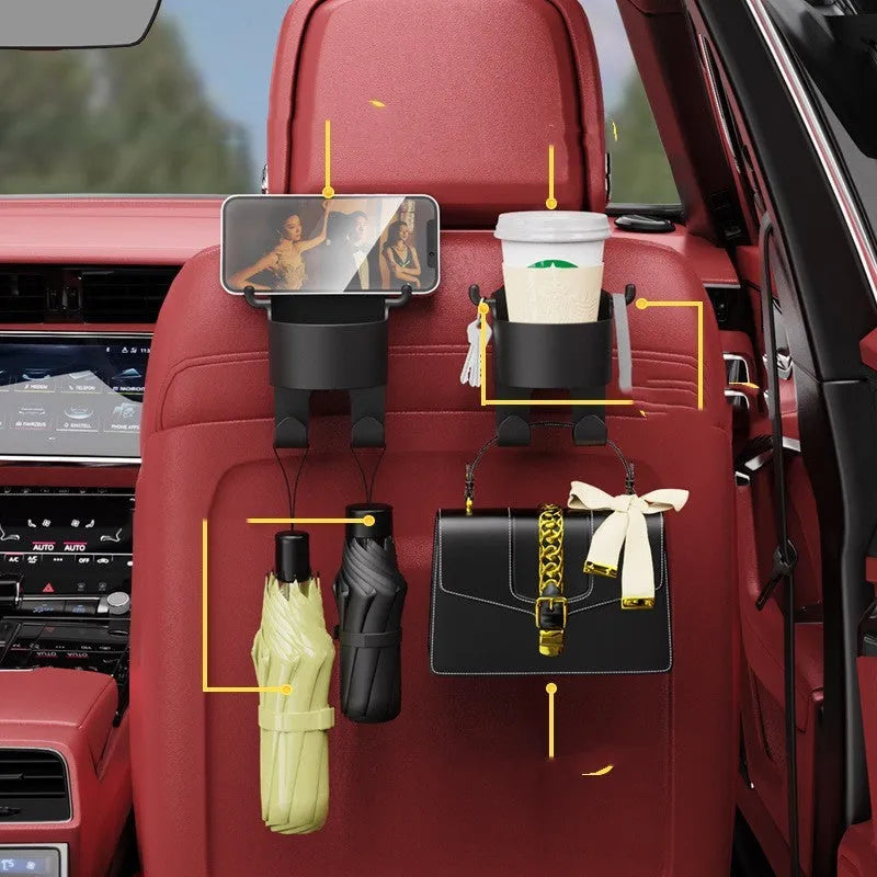 Black plastic car seat back organiser with cup holder and storage hooks for vehicle interior organisation