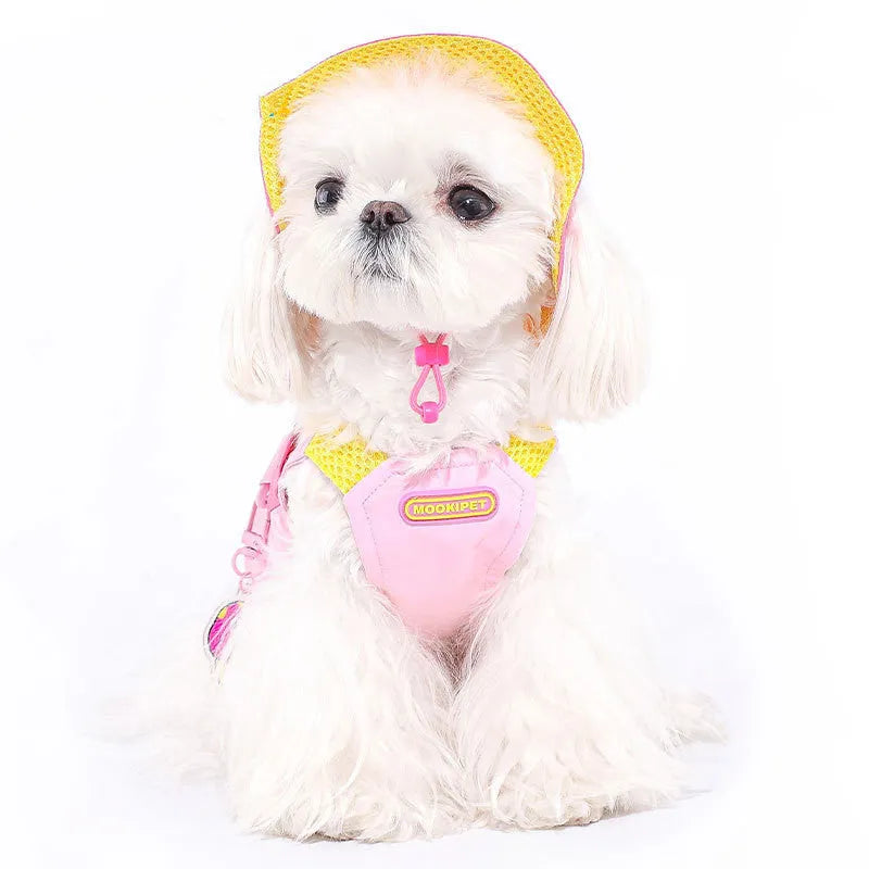 Pink lightweight polyester vest for small dog breeds on a white background.