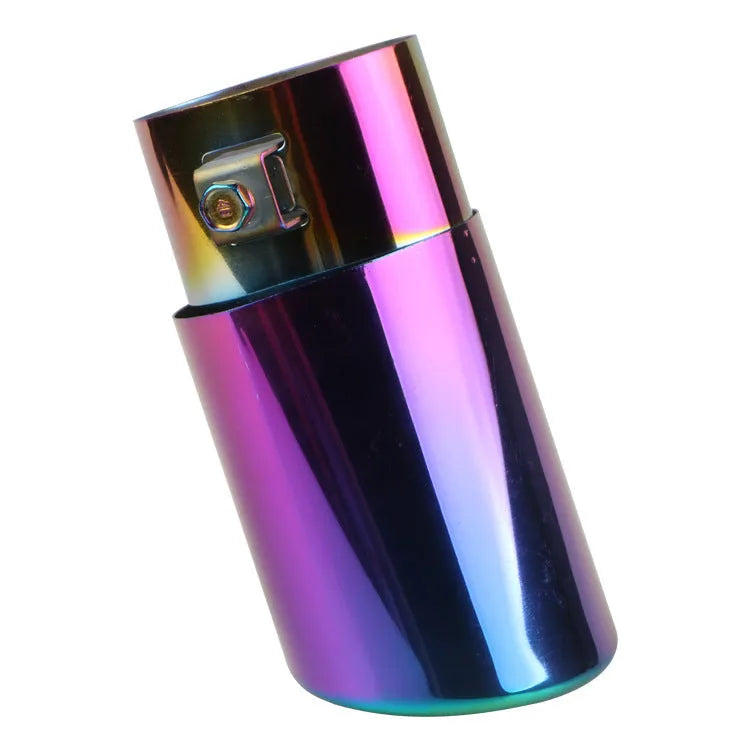 Stainless steel universal car exhaust tailpipe showing straight and curved shape options in different finishes.