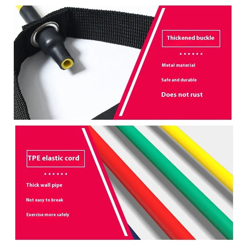Adjustable chest expander with colour-coded TPE resistance bands showing five different tension levels