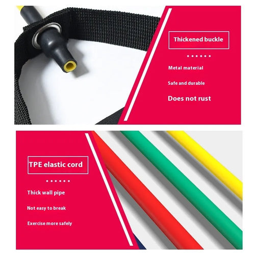 Adjustable chest expander with colour-coded TPE resistance bands showing five different tension levels