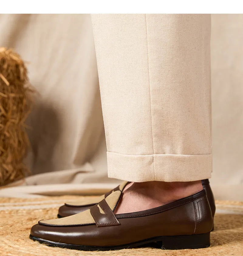 Coffee grey suede leather British-style loafers with one foot kick closure