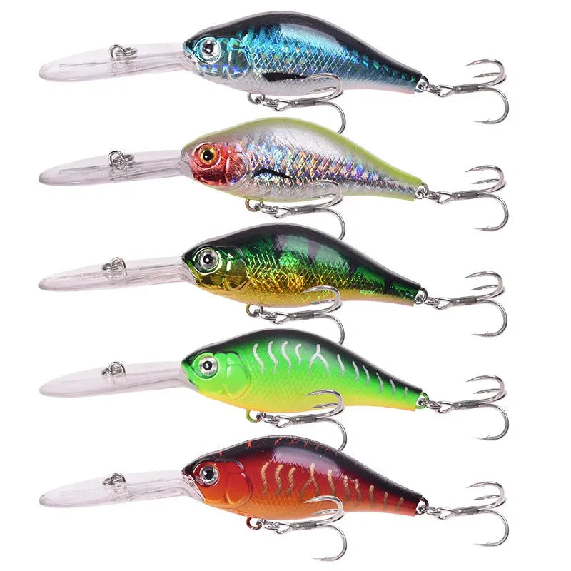 Floating Rock Little Fat Man deep diving mino fishing lure, 10.5cm long with treble hooks.