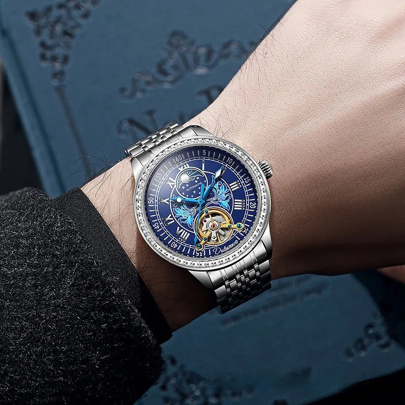 Men's waterproof mechanical watch with stainless steel case and multiple strap colour options