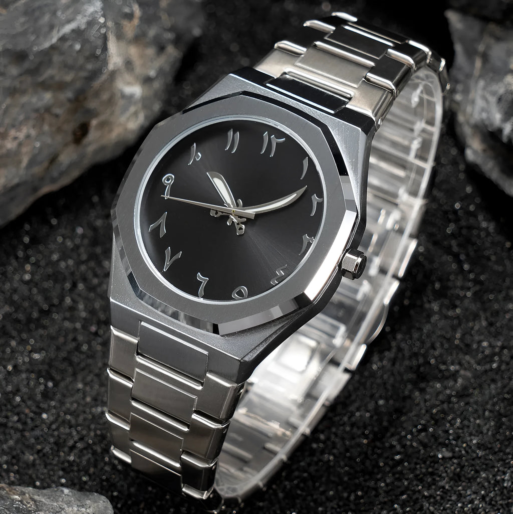Men's business casual quartz watch with steel belt strap showing 10mm thickness