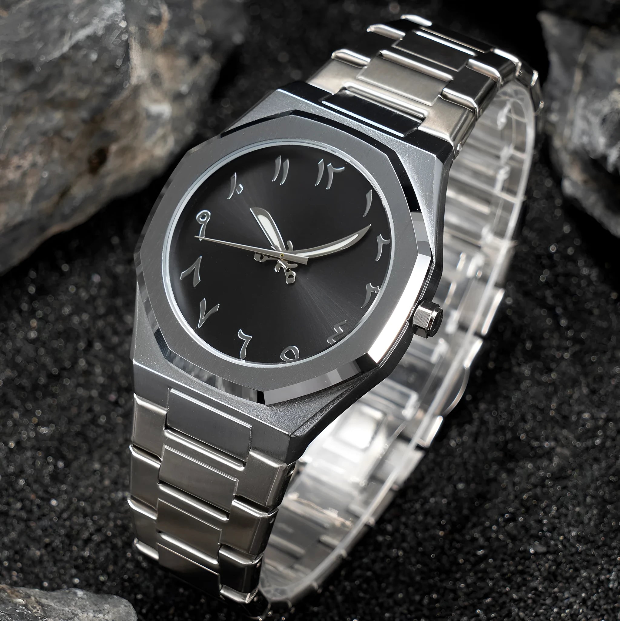 Men's business casual quartz watch with steel belt strap showing 10mm thickness