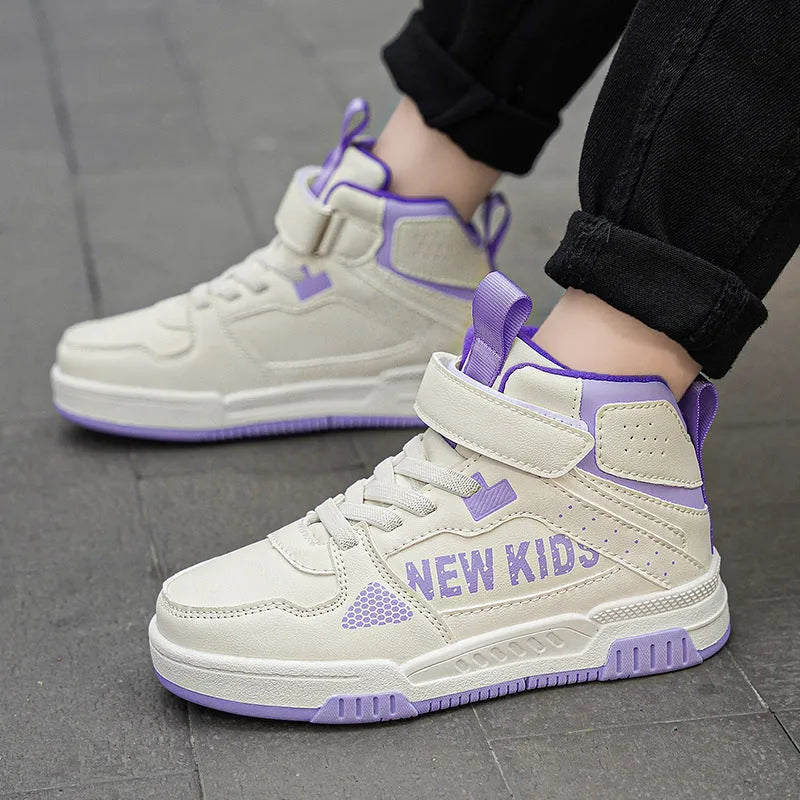 Children's PU street sneakers with rubber sole in beige green, blue, white powder, and white & purple colours