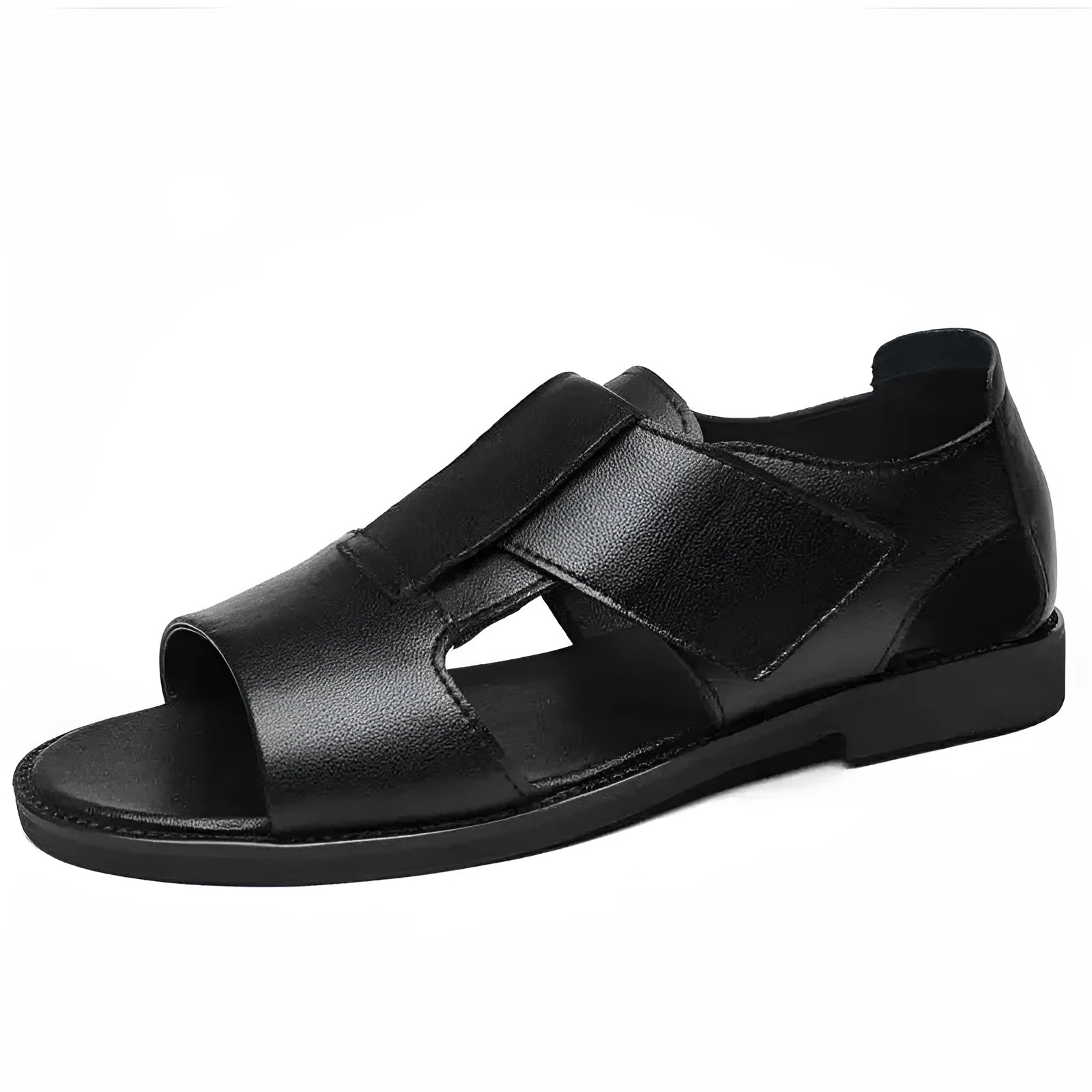 Men's black leather Roman sandals with an open toe and rubber sole on a white background.