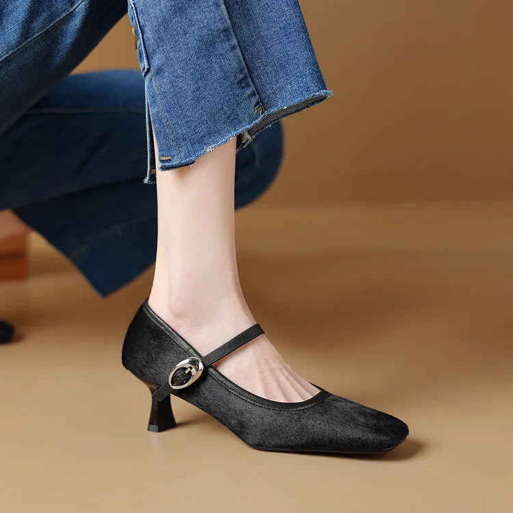 Women's black square toe stiletto heel ankle-strap shoes with horse hair upper.