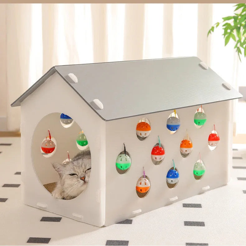 Integrated cat scratch board and nest toy with bell ball tunnel for house cats