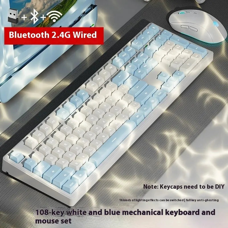 Triple-mode mechanical keyboard in various colour options showing 87-key and 108-key layouts