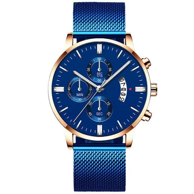 Men's stainless steel quartz watch with mesh band in a two-tone colour option.