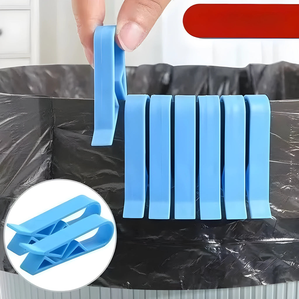 PP plastic non-slip clip for fixing a bin bag to the side of a rubbish can.