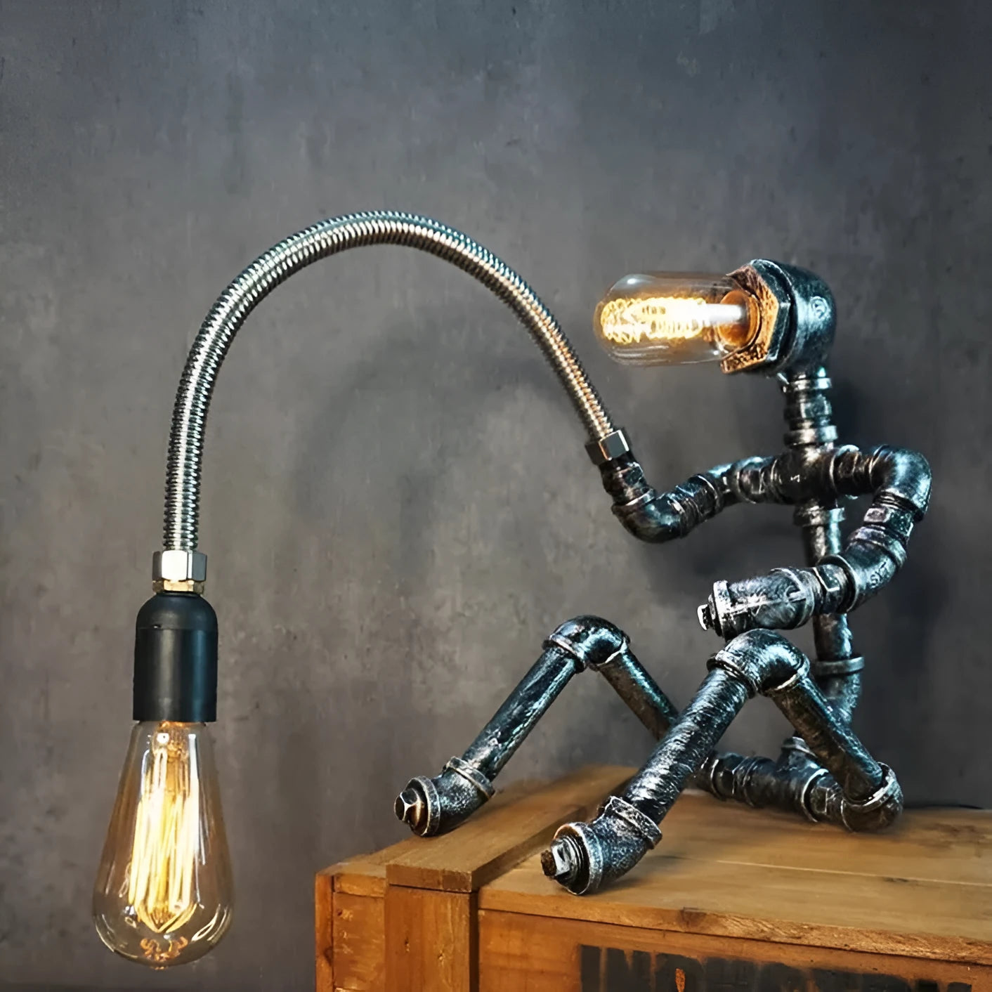 American retro industrial style water pipe table lamp with iron shade on wooden table