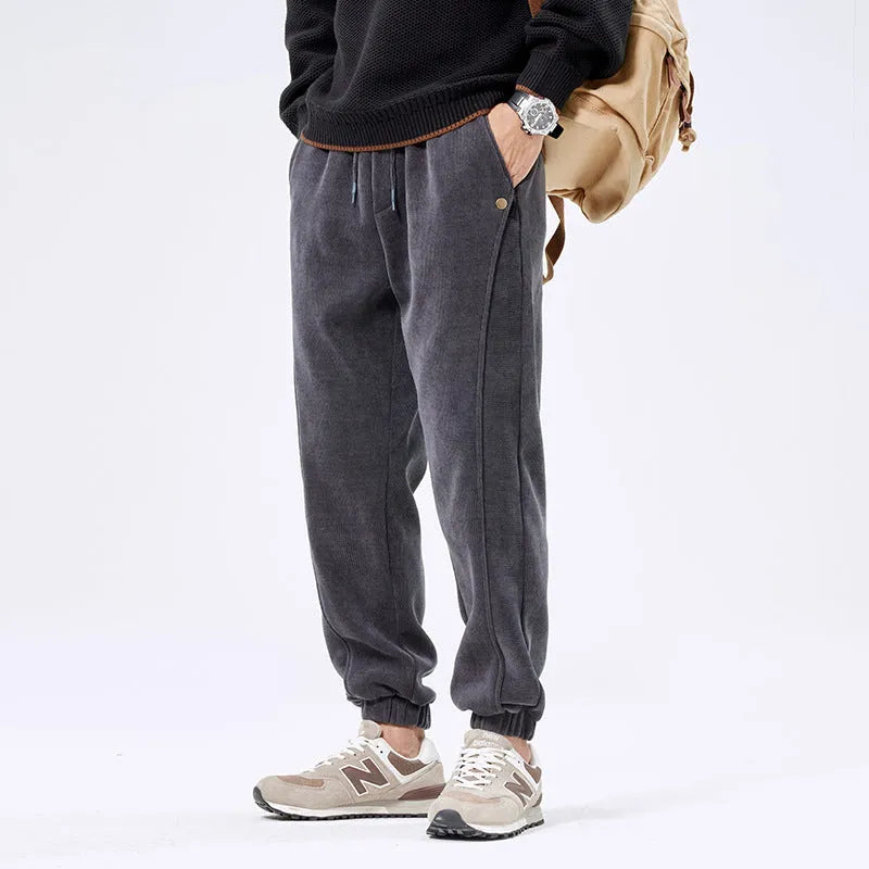 Men's corduroy ankle-tie casual sports pants, retro Japanese style, polyester, solid colour