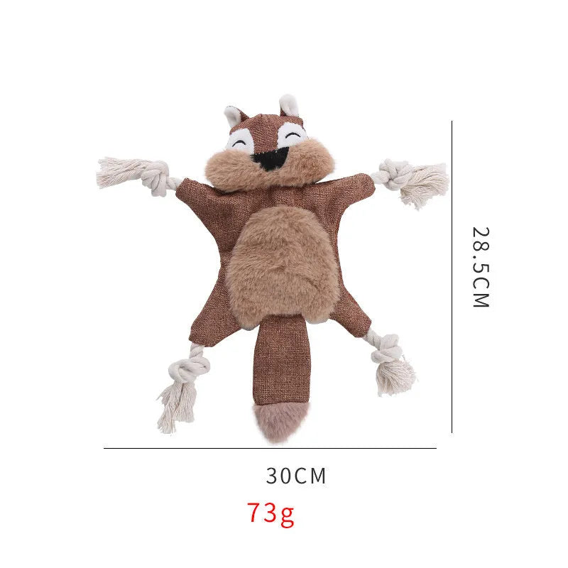 Brown fox-shaped plush dog toy with embroidered eyes, cotton rope limbs, and a squeaker.