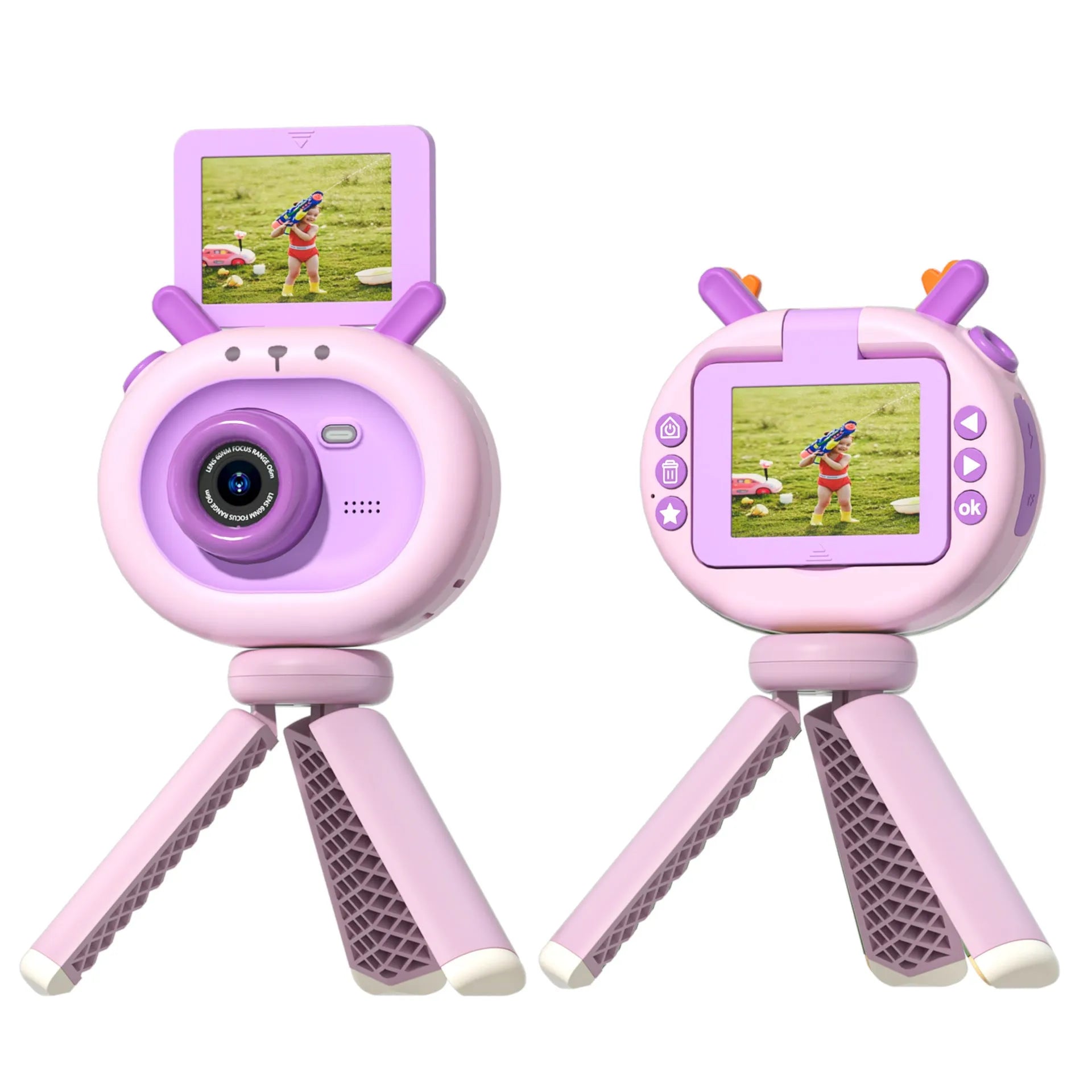 Purple and dark green children's digital camera with flip screen showing game interface and USB charging cable