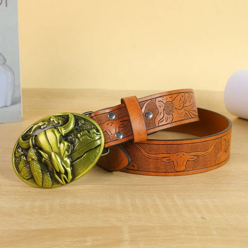 Men's brown leather-look belt with a detailed metal cow head buckle showing carved and embossed details.
