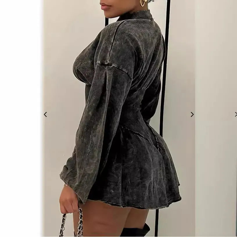 Grey women's A-line dress with drawstring waist, slim fit, and digital print.