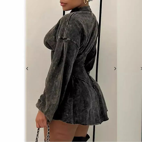 Grey women's A-line dress with drawstring waist, slim fit, and digital print.