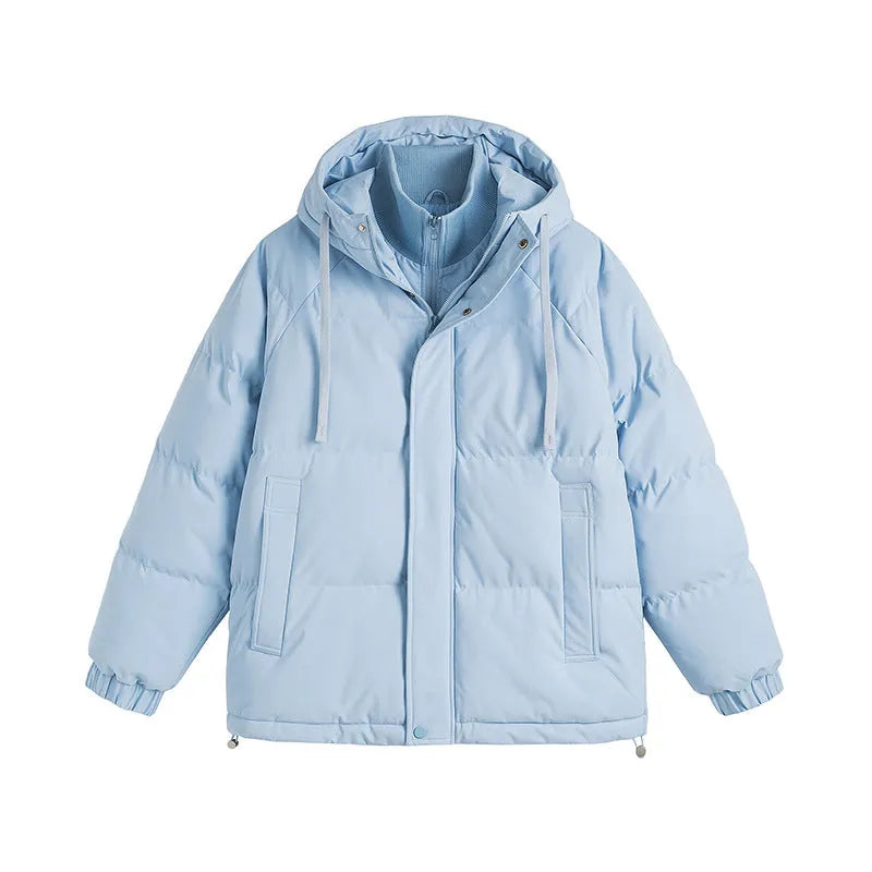 A loose two-piece cotton-padded winter coat in a solid colour with side seam pockets.