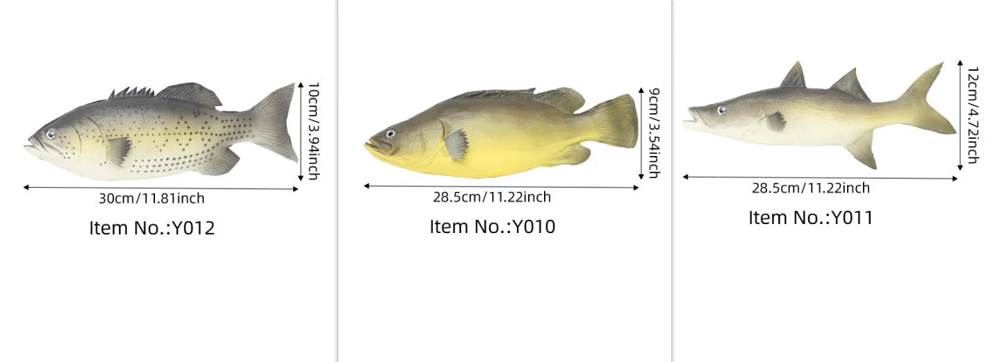 Three PU simulated fish ornaments showing yellow-fin tuna, yellow croaker, and flower fish designs for marine decoration
