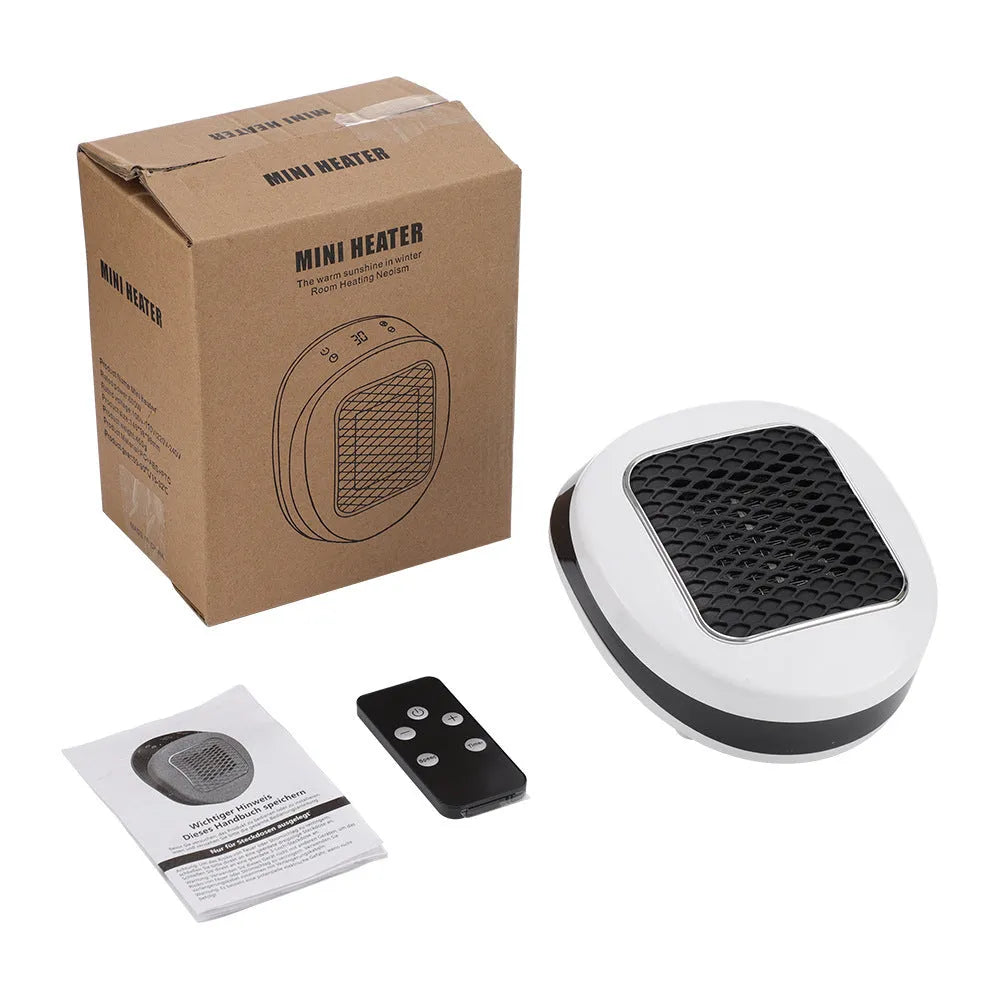 White ceramic heating electric heater with digital display and remote control on a table.