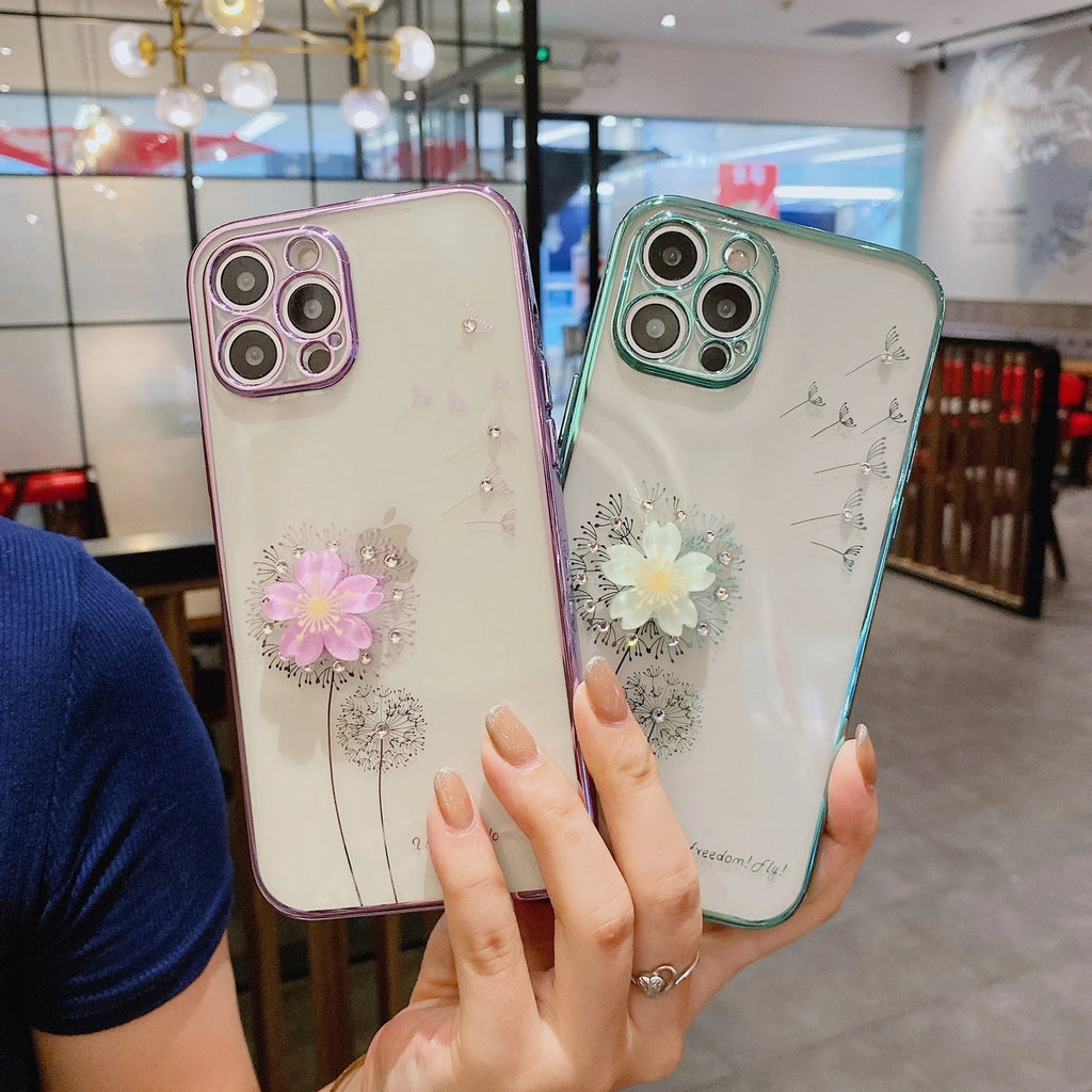 Green TPU iPhone case with a 3D floral spin stand holder on the back and a built-in screen protector.