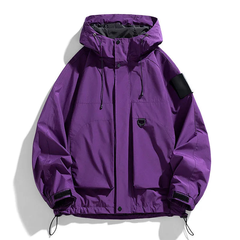 Men's black waterproof hooded jacket with long sleeves, shown in a regular length cut.
