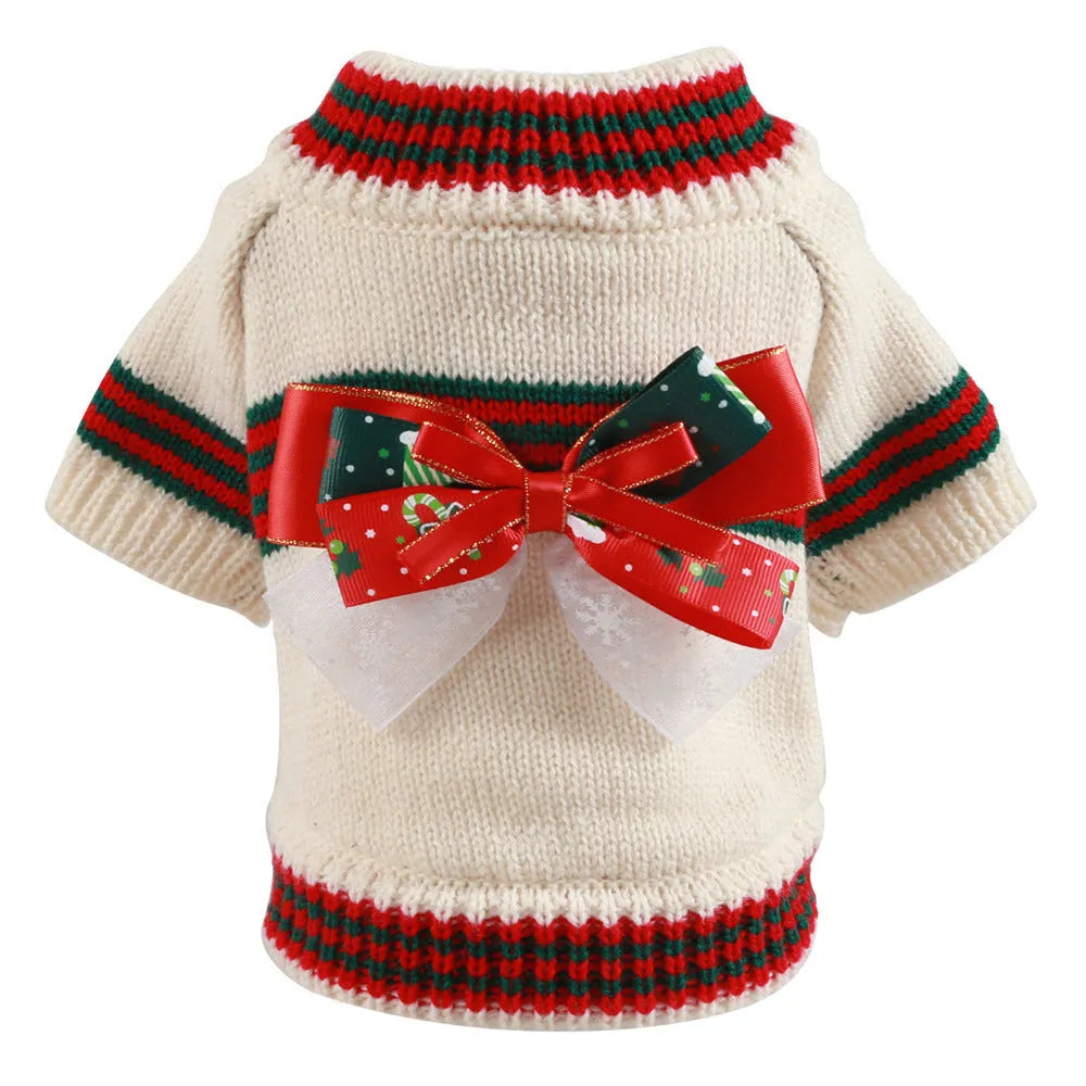 Red and green Christmas dog sweater for small pets with five size options from XS to XL