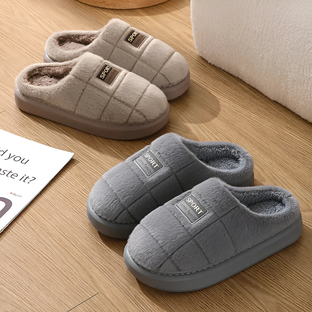Men's grey winter slippers with artificial wool lining and non-slip EVA rubber soles
