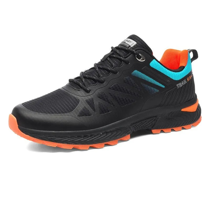 Men's plus size black and orange breathable mesh running shoes with lace-up front and rubber sole.