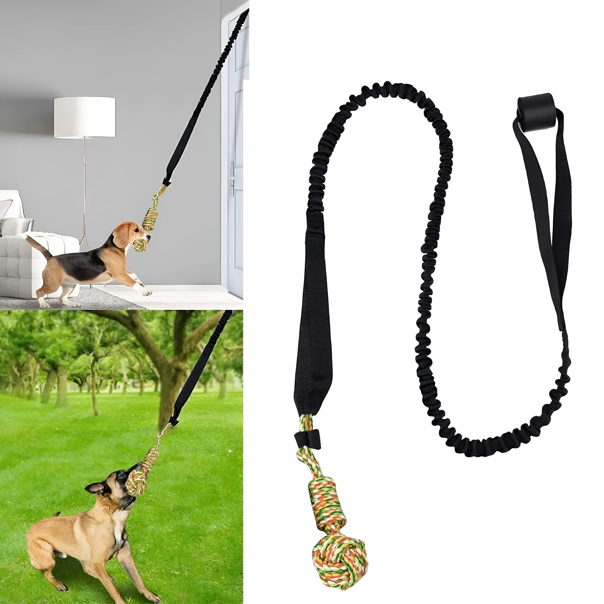 Cotton thread dog tug of war rope toy in black, grey, or red colours for chewing and interactive play