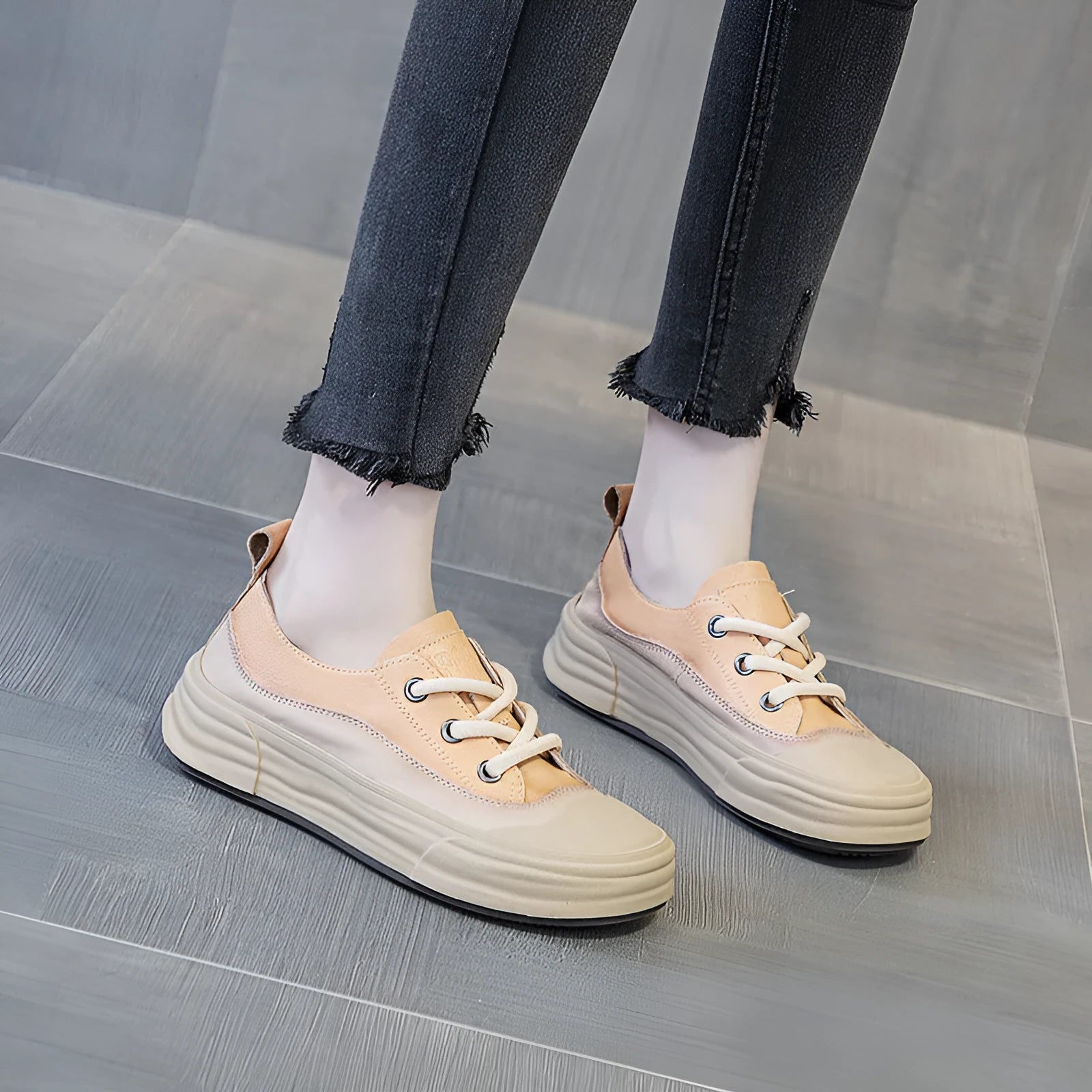 Women's leather low-top platform sneakers in matcha green on a white background.