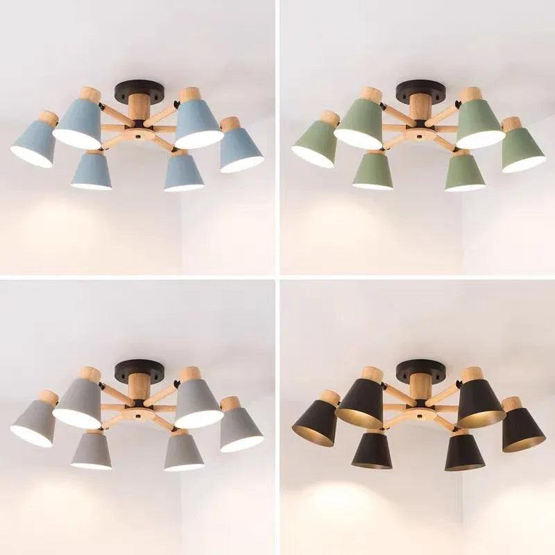 Nordic macaron ceiling pendant lamp with ironwood frame in multiple head configurations