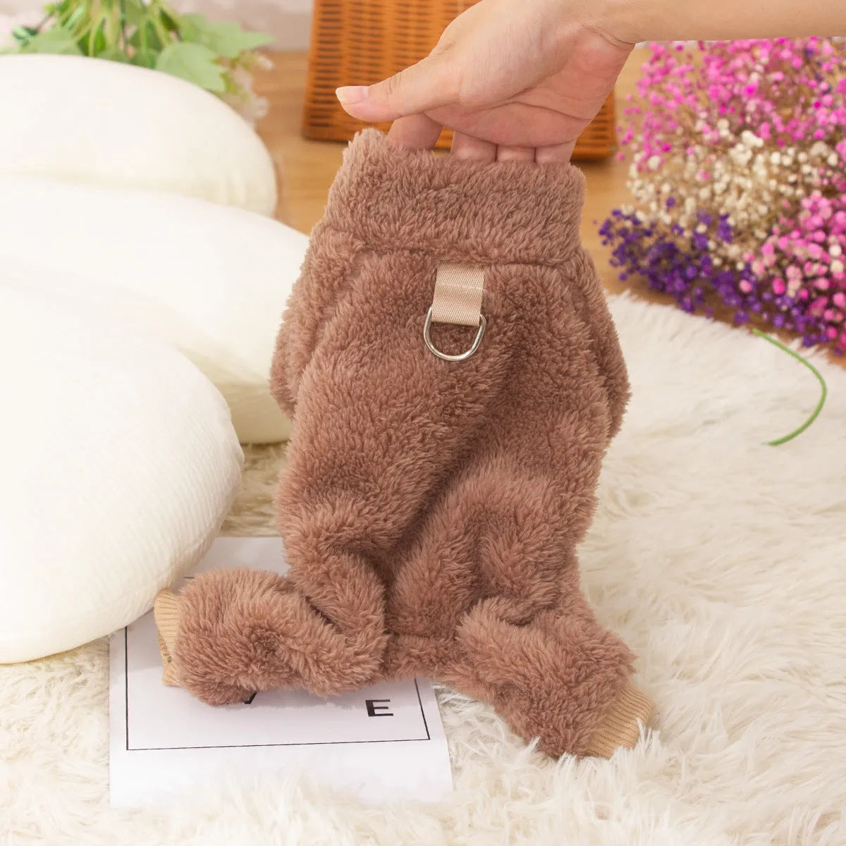 Blue four-legged dog clothes with high collar and towing ring made of double-sided plush cotton velvet