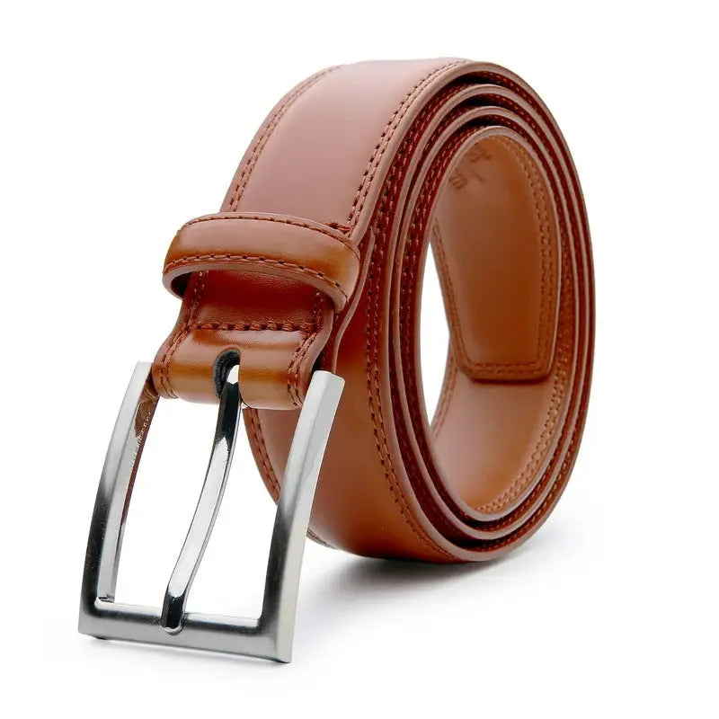 Men's genuine leather casual belt with an alloy buckle in Wild 95 grain brown, showing length options.