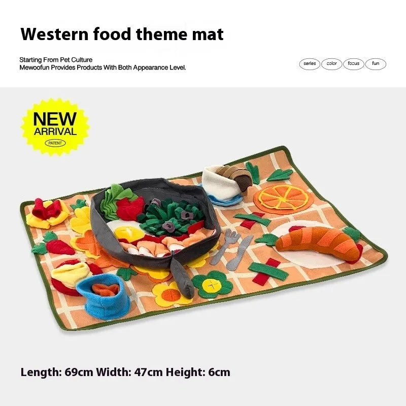 Fabric dog sniffing mat with themed pattern for hiding treats and kibble