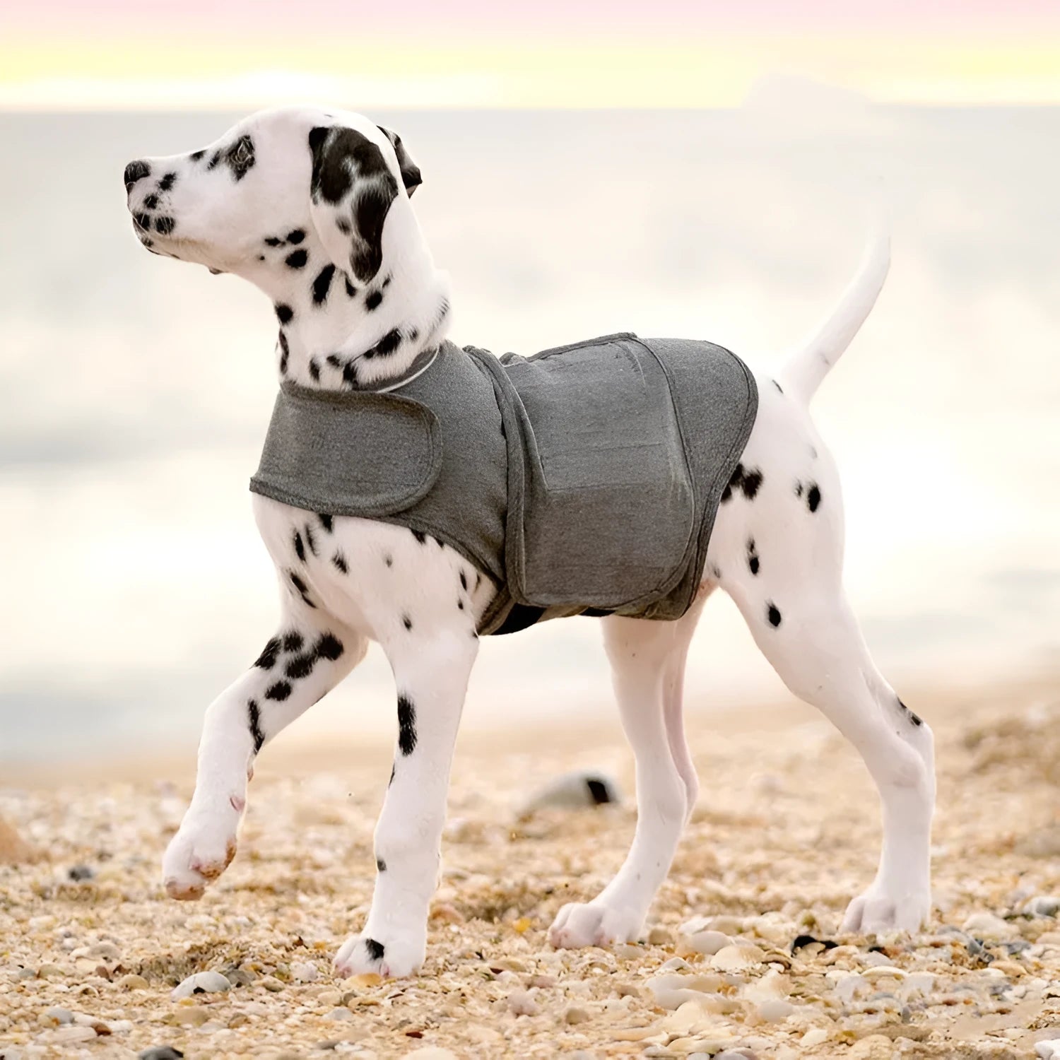 Heather grey dog anxiety jacket vest for medium dogs 12-18kg, made from brocade cotton ponte-de-roma fabric.