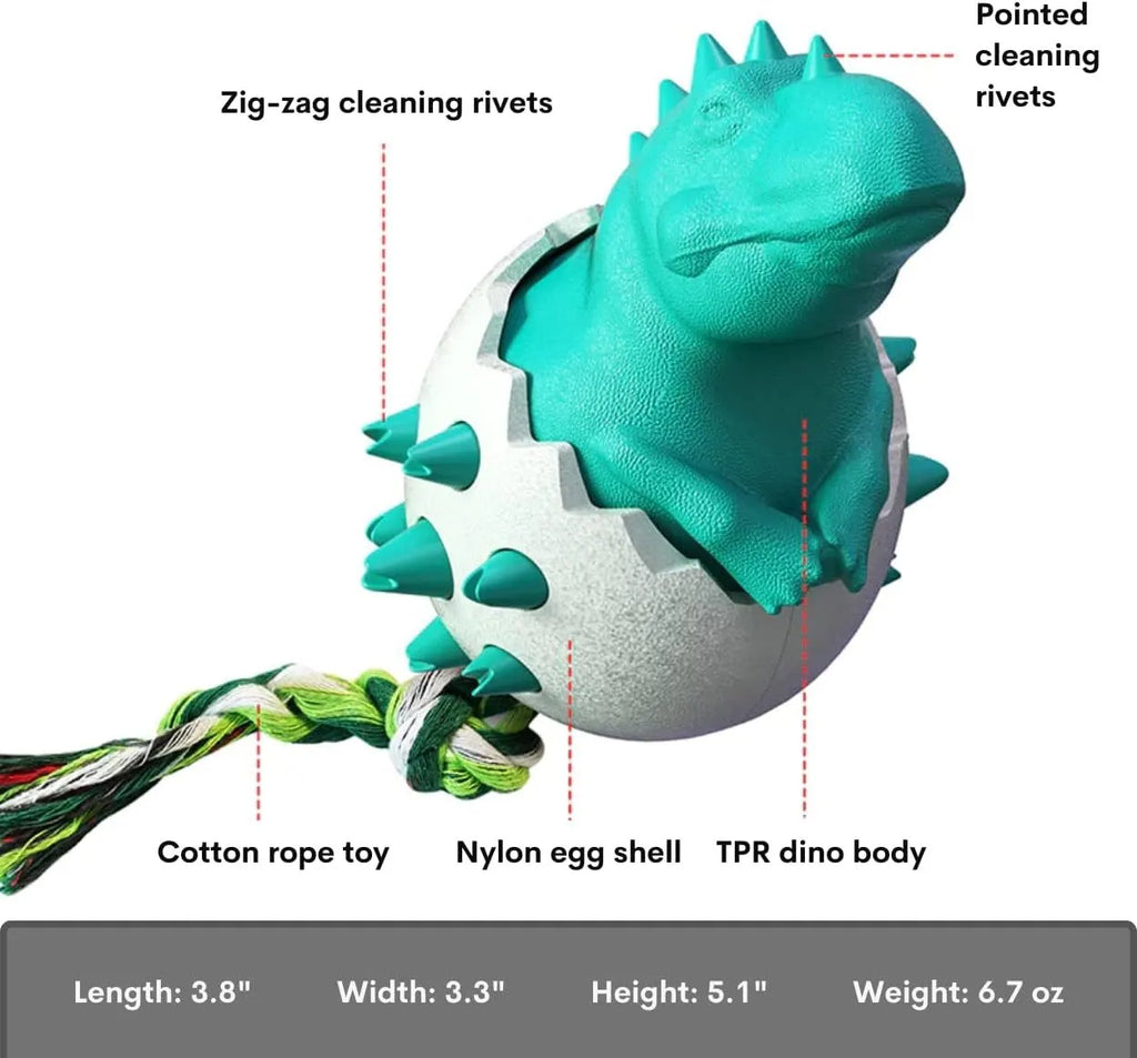 Blue dinosaur-shaped dog chew toy with rope element for aggressive chewers