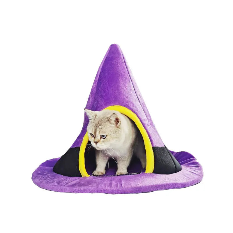 Purple cloth Halloween witch hat shaped cat bed nest measuring 60cm by 45cm