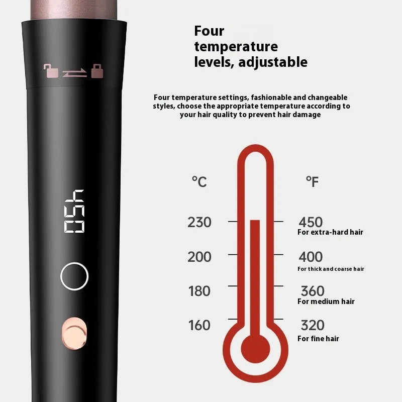 Rose gold negative ion hair curler with LCD screen and five interchangeable styling tubes