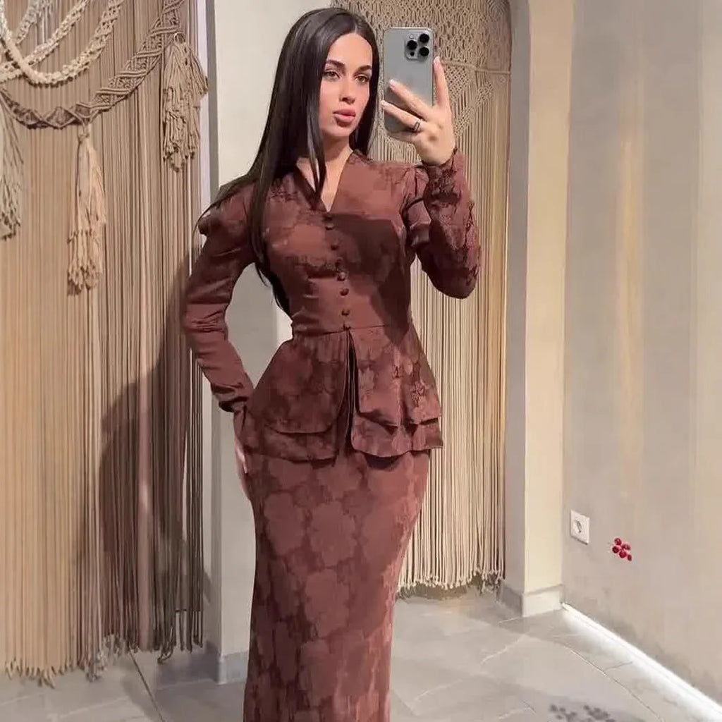 Dark brown long sleeve dress with floral pattern, button details, and a retro fake two-piece style.