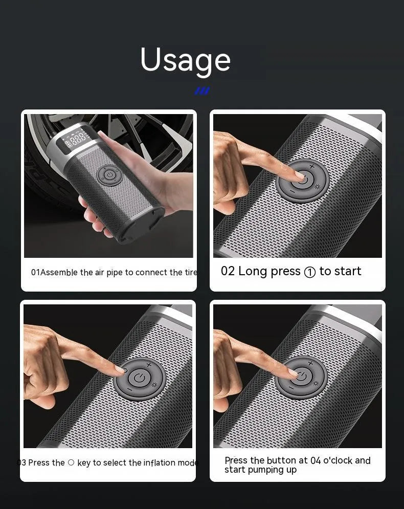 Black portable wireless air pump with 15cm tube, USB charging cable, and multiple nozzles for different inflation needs