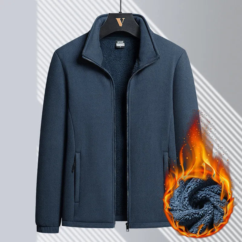 Men's grey Berber fleece zip-front coat with stand-up collar and zippered pockets.