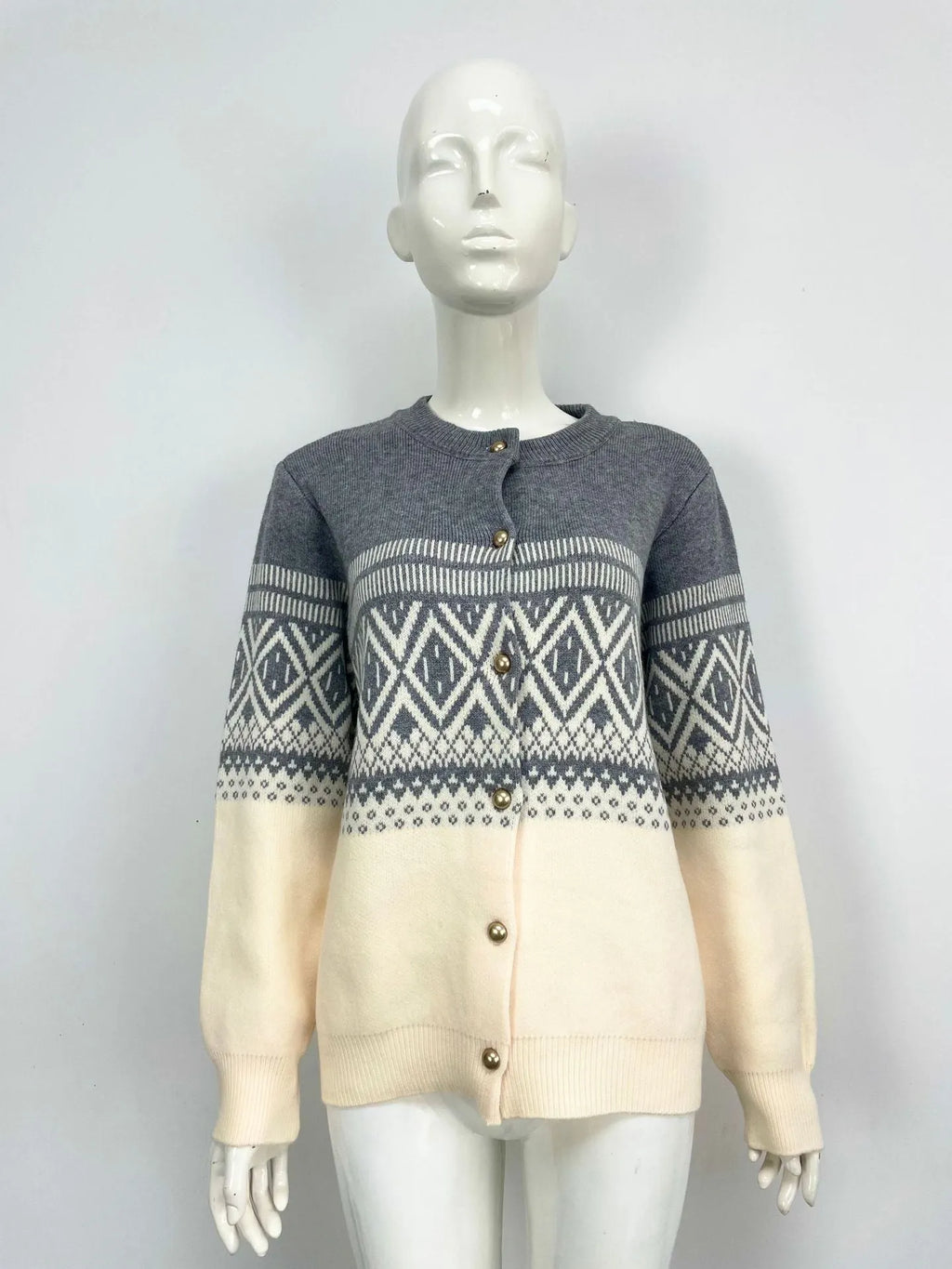 Women's grey alpaca wool cardigan with diamond knit pattern and contrast colour panels