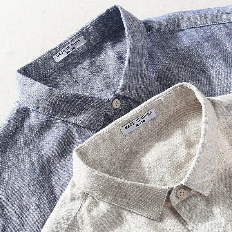 Men's linen short sleeve casual shirt with square collar in raw jute colour
