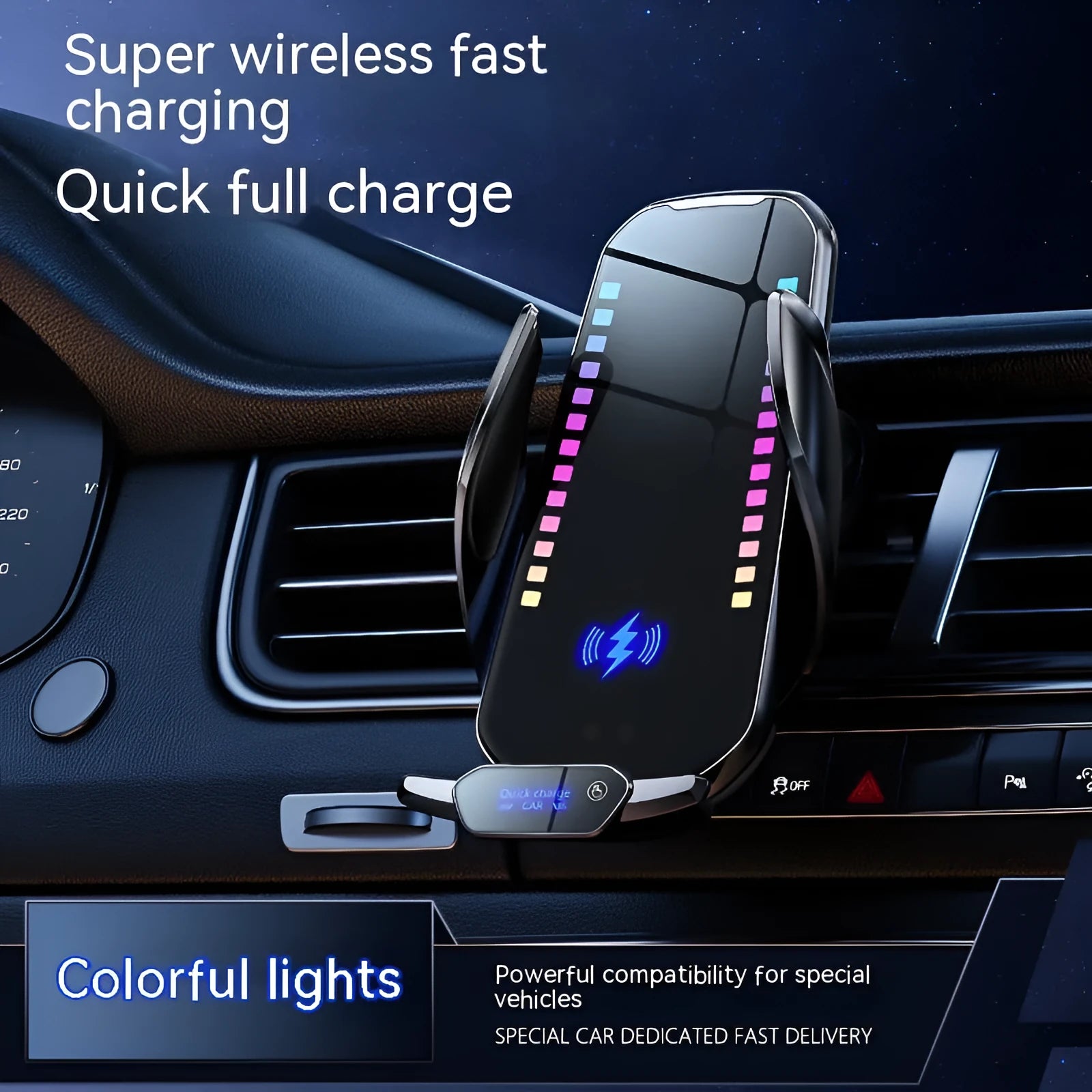 Silver car mobile phone holder with 15W wireless charging and electric clamping on a car dashboard.